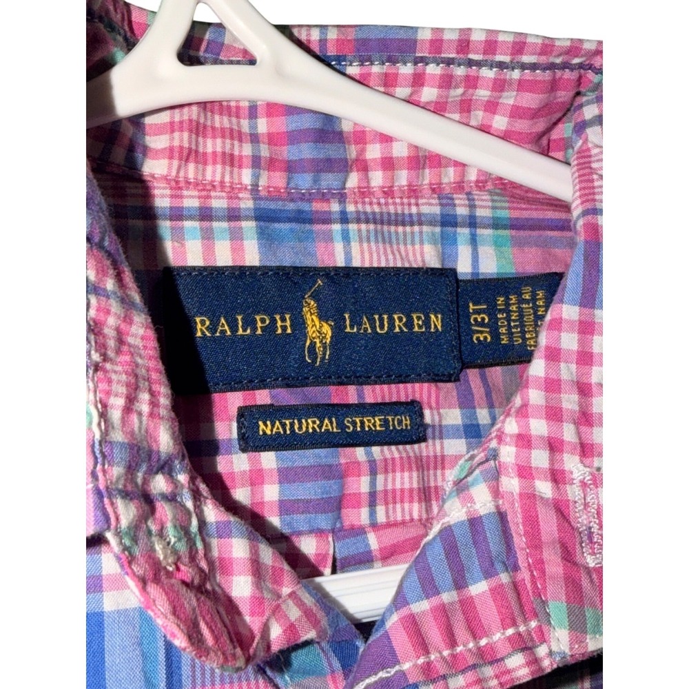 Ralph Lauren Boys Short Sleeve Pink & Blue Plaid Shirt 3T Natural Stretch Cotton - Picture 3 of 3